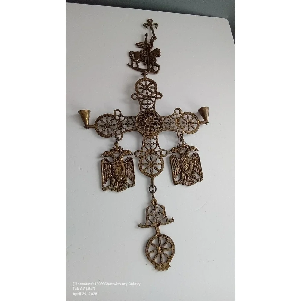 Vintage Ornate Metal Cross Wall Hanging Candlestick‎ Holder Religious Decor